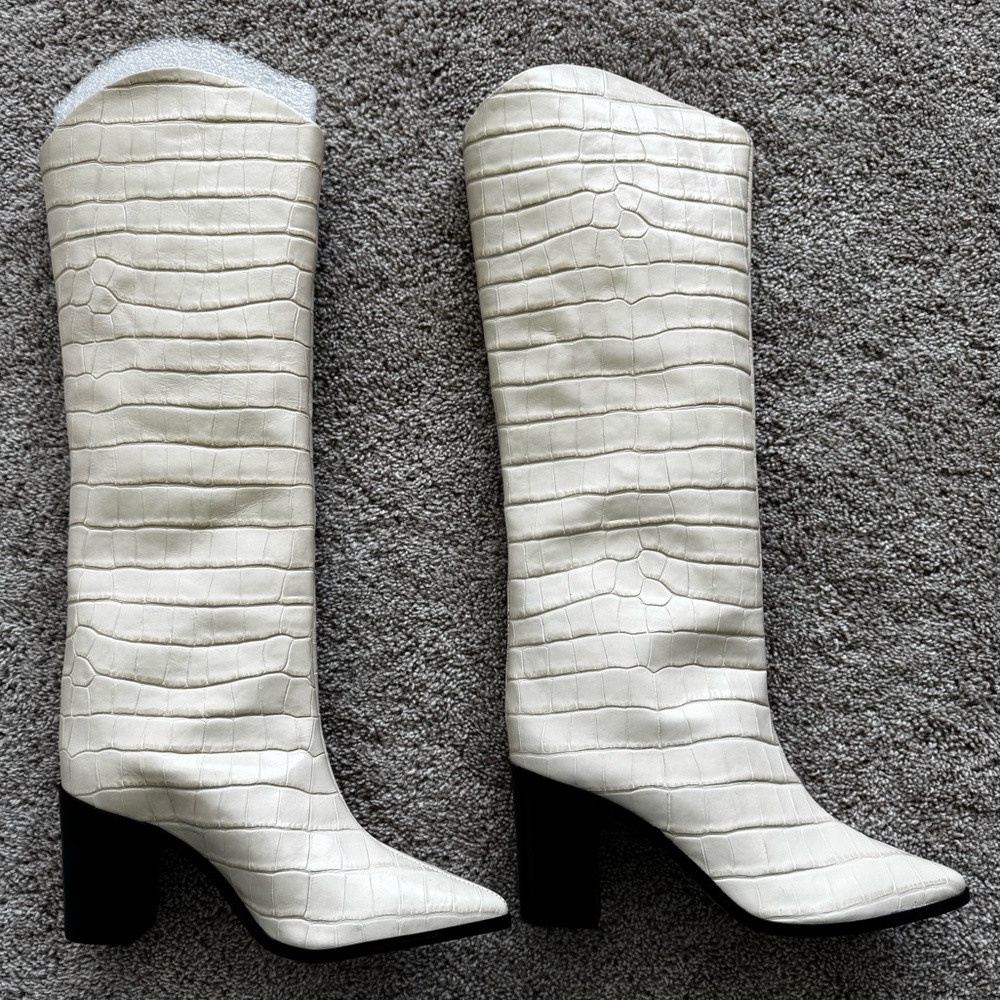 SCHUTZ Egg Shell Wide Croco Heeled Boots